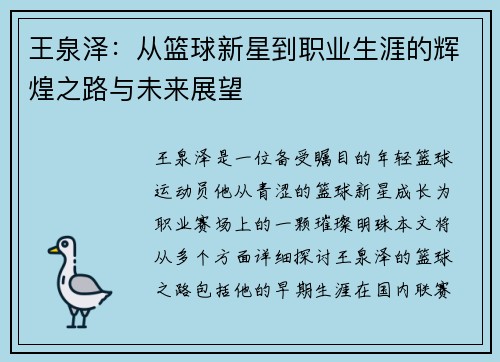 王泉泽：从篮球新星到职业生涯的辉煌之路与未来展望